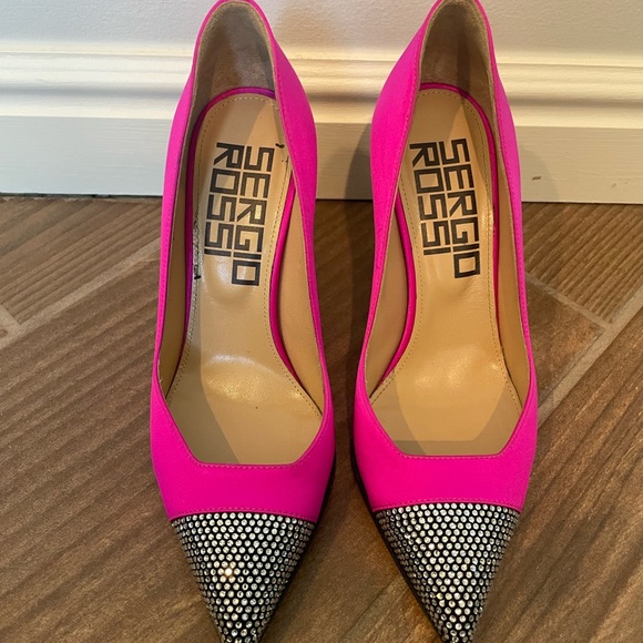 SERGIO ROSSI Super Heel Crystal-Embellished Neon Bright Pink Satin Pumps 34 4 - Picture 6 of 10